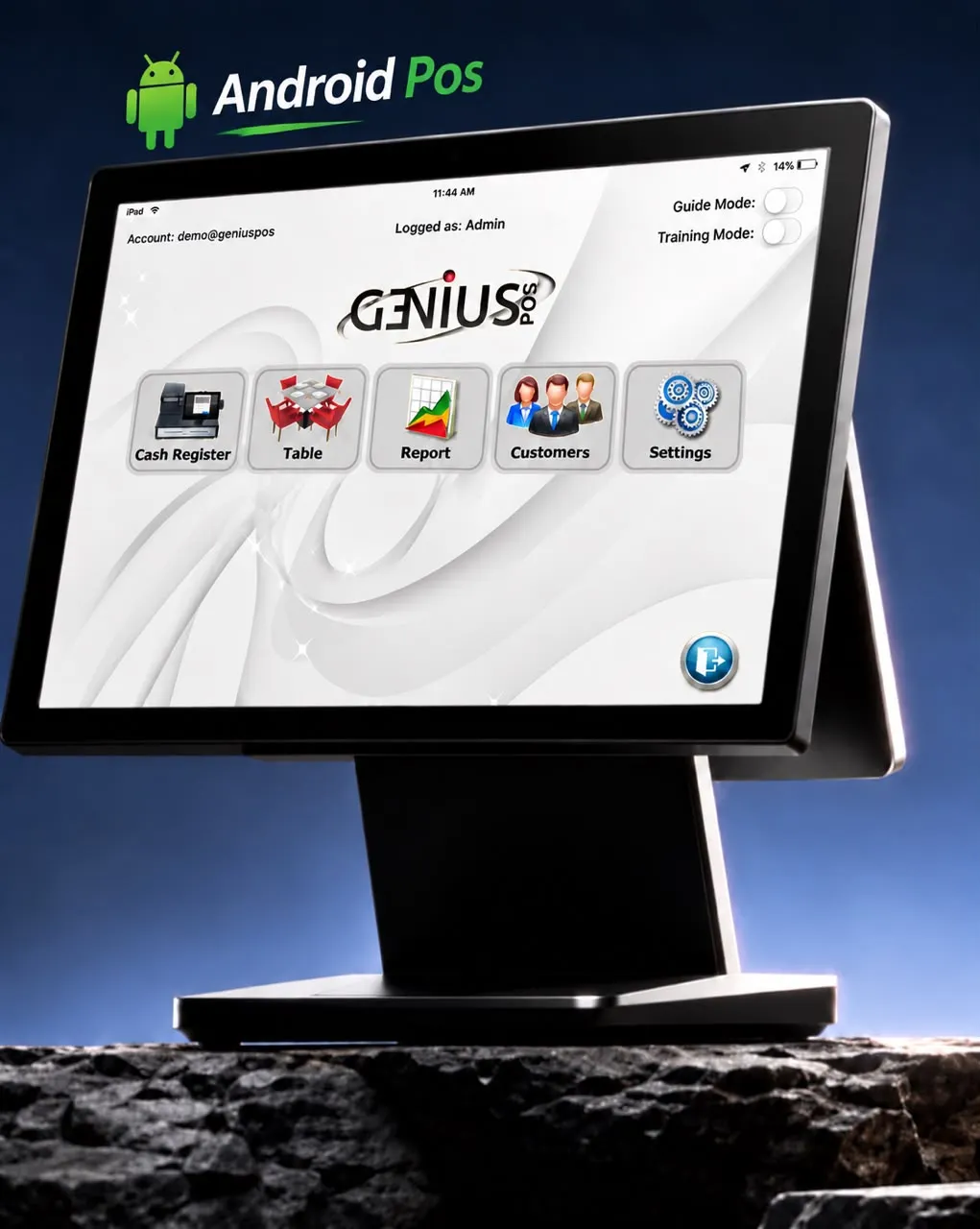 Marketing artwork headed “Android Pos”: an all-in-one terminal on a stand, running the GeniusPos home menu.