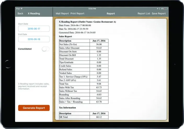 A report generated on an iPad: a date range on the left, and a sales table on the right listing net sales, discounts, tax and rounding.